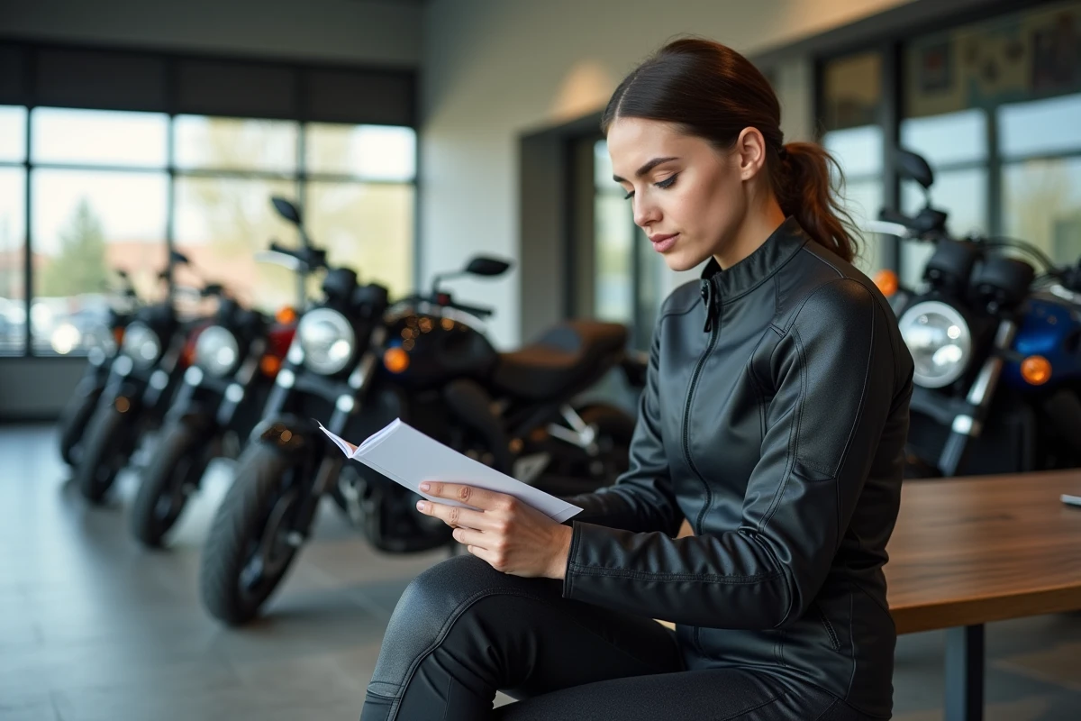 Femme examinant brochure moto dans concession moderne