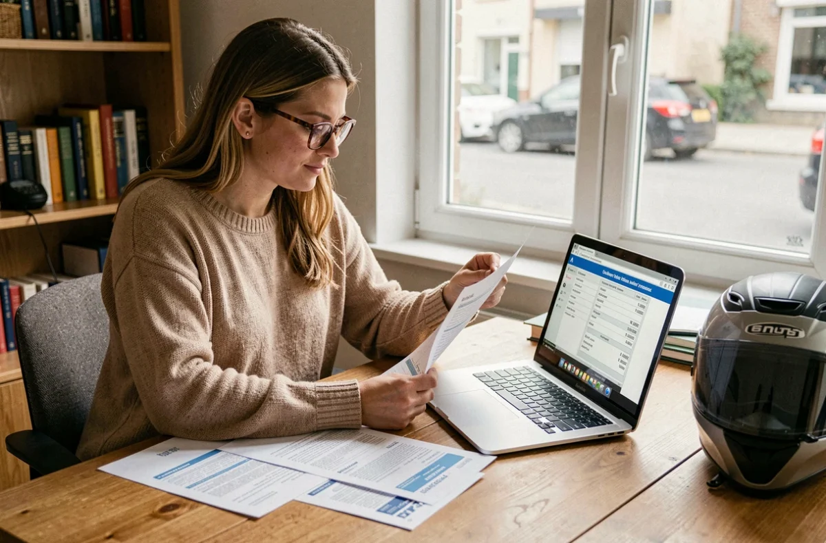 Femme comparant des devis d'assurance moto à domicile avec documents et ordinateur portable
