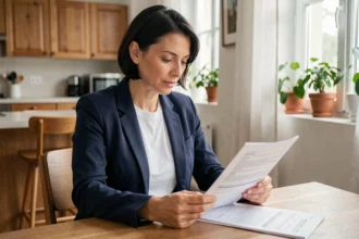 Femme consultant des documents d'assurance voiture à son domicile