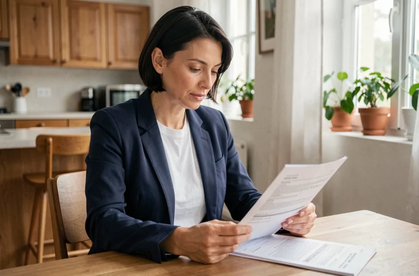 Femme consultant des documents d'assurance voiture à son domicile