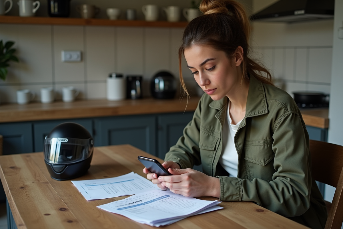Femme inspecte des documents de moto à la maison