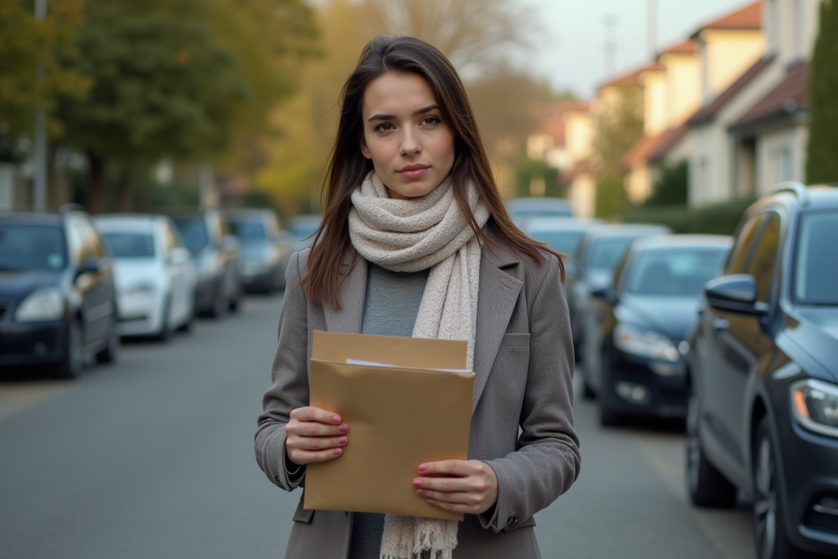 Jeune femme plaçant un document dans une enveloppe dehors