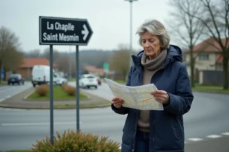 Femme regardant une carte près d'un panneau directionnel