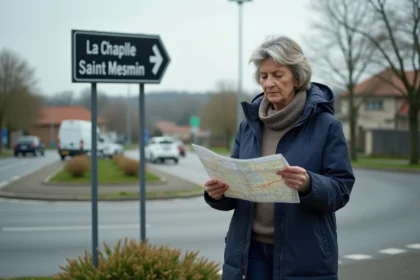 Femme regardant une carte près d'un panneau directionnel