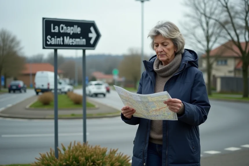 Femme regardant une carte près d'un panneau directionnel
