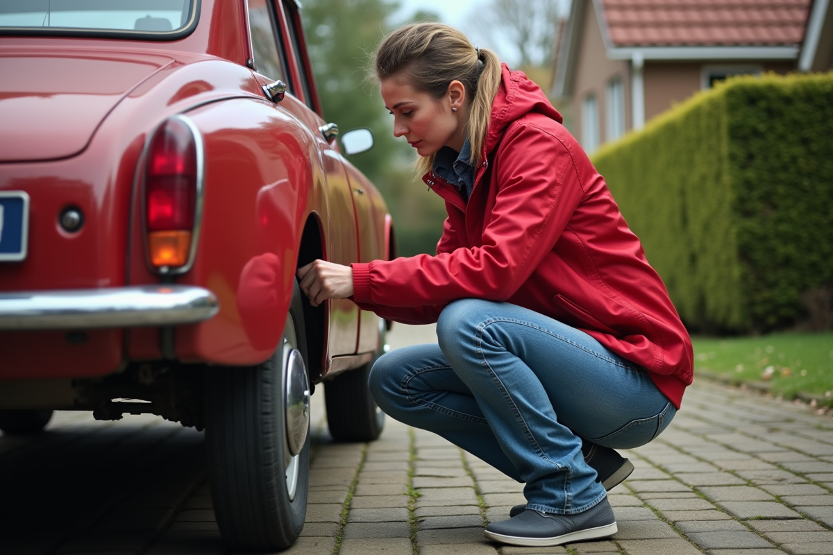 Femme vérifiant le pneu d