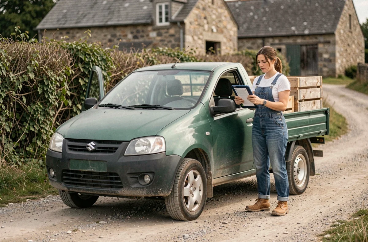 Femme consultant les options d'une voiture sans permis pick-up sur une route de campagne