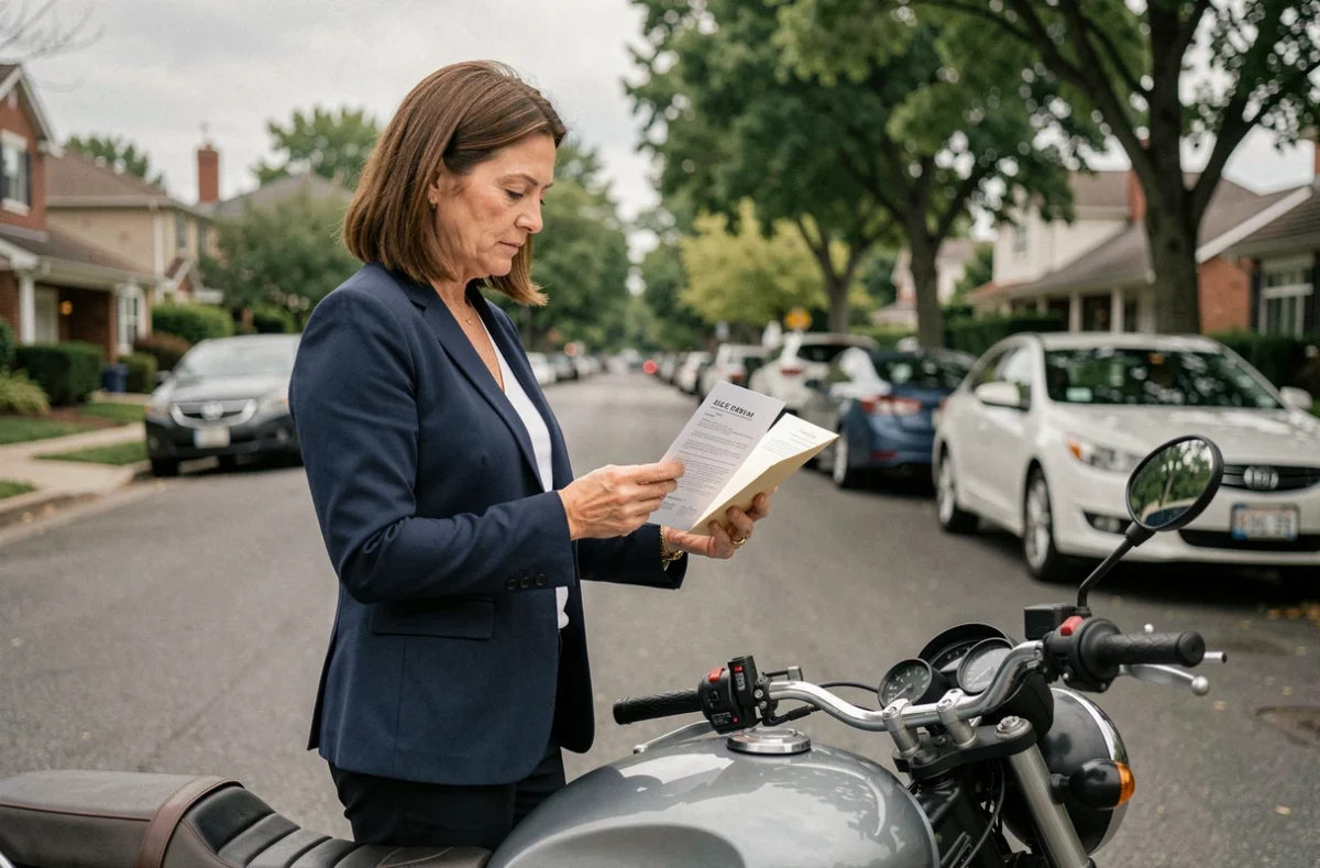 Femme consultant ses papiers d'assurance moto debout à côté de sa moto dans la rue