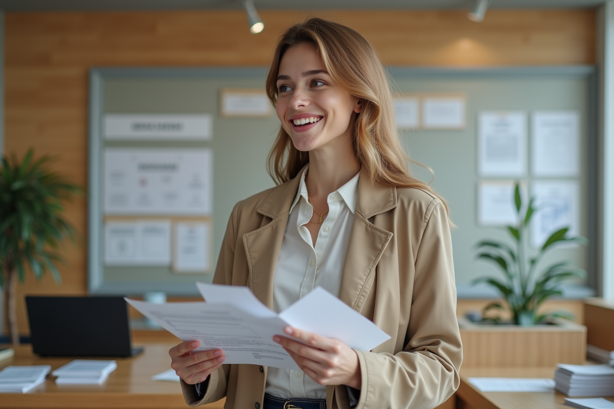 Femme souriante tenant des papiers dans un bureau administratif