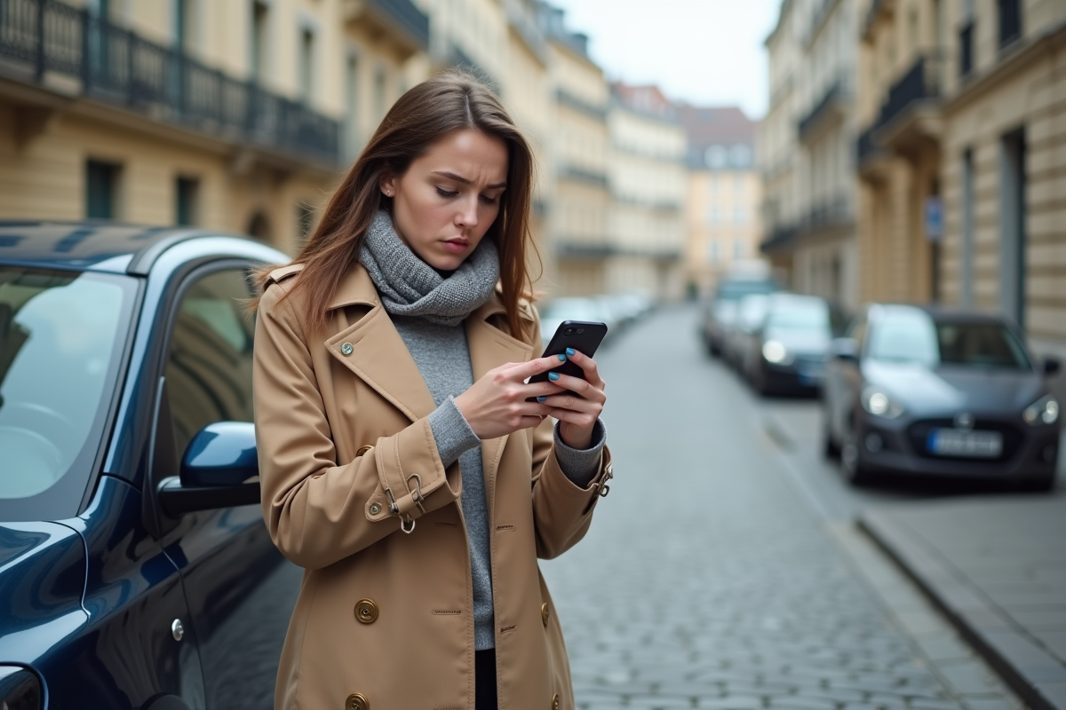 Jeune femme vérifiant son permis devant sa voiture en ville