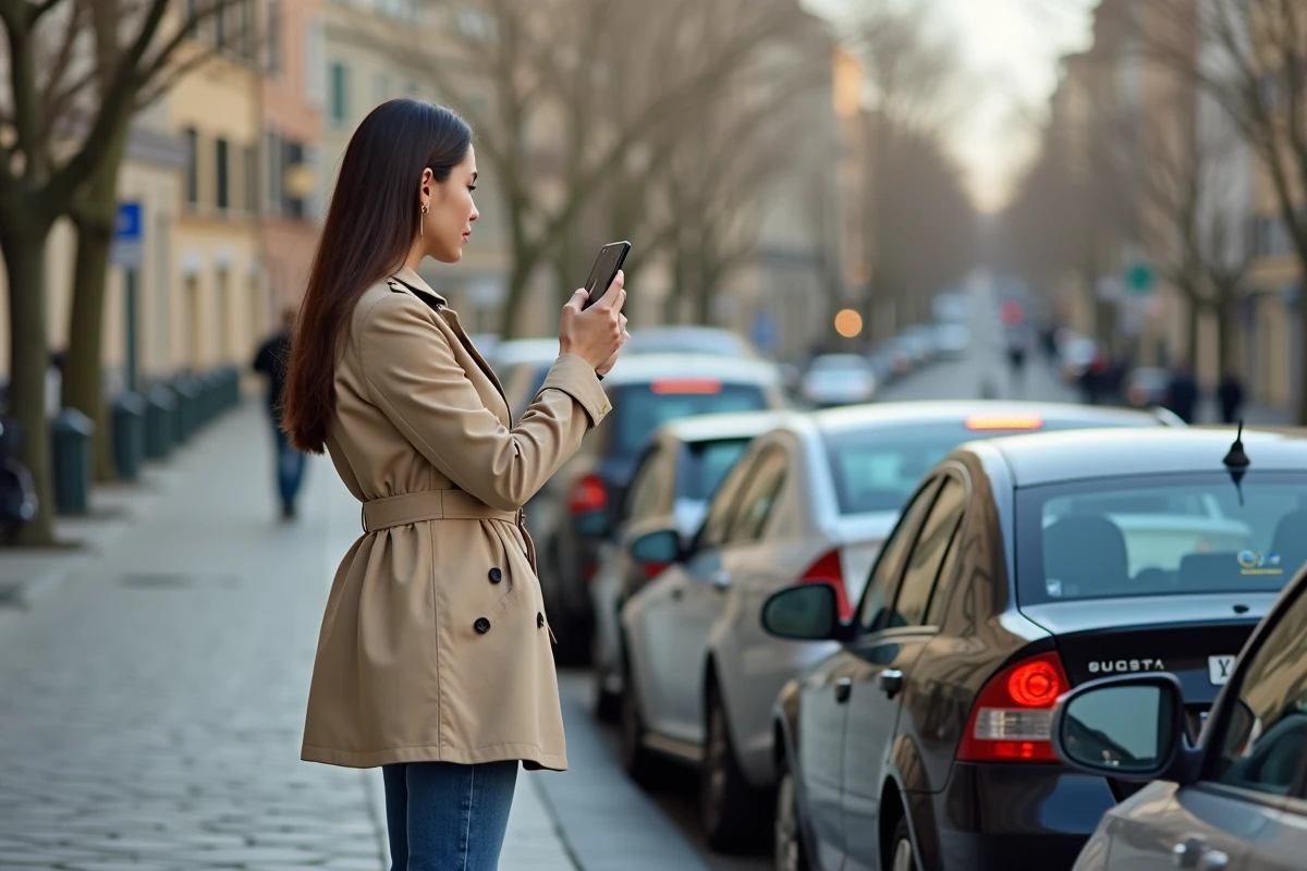 Jeune femme photographiant une plaque LV avec son smartphone dans la rue