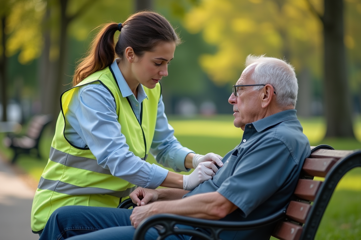 Femme en vest médical prodiguant les premiers secours à un homme âgé dans un parc