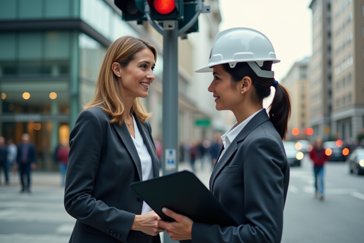 Femme professionnelle parlant avec un agent de maintenance en ville