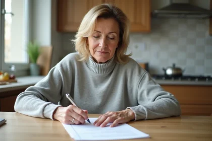 Femme d'âge moyen examine des documents d'assurance à la maison