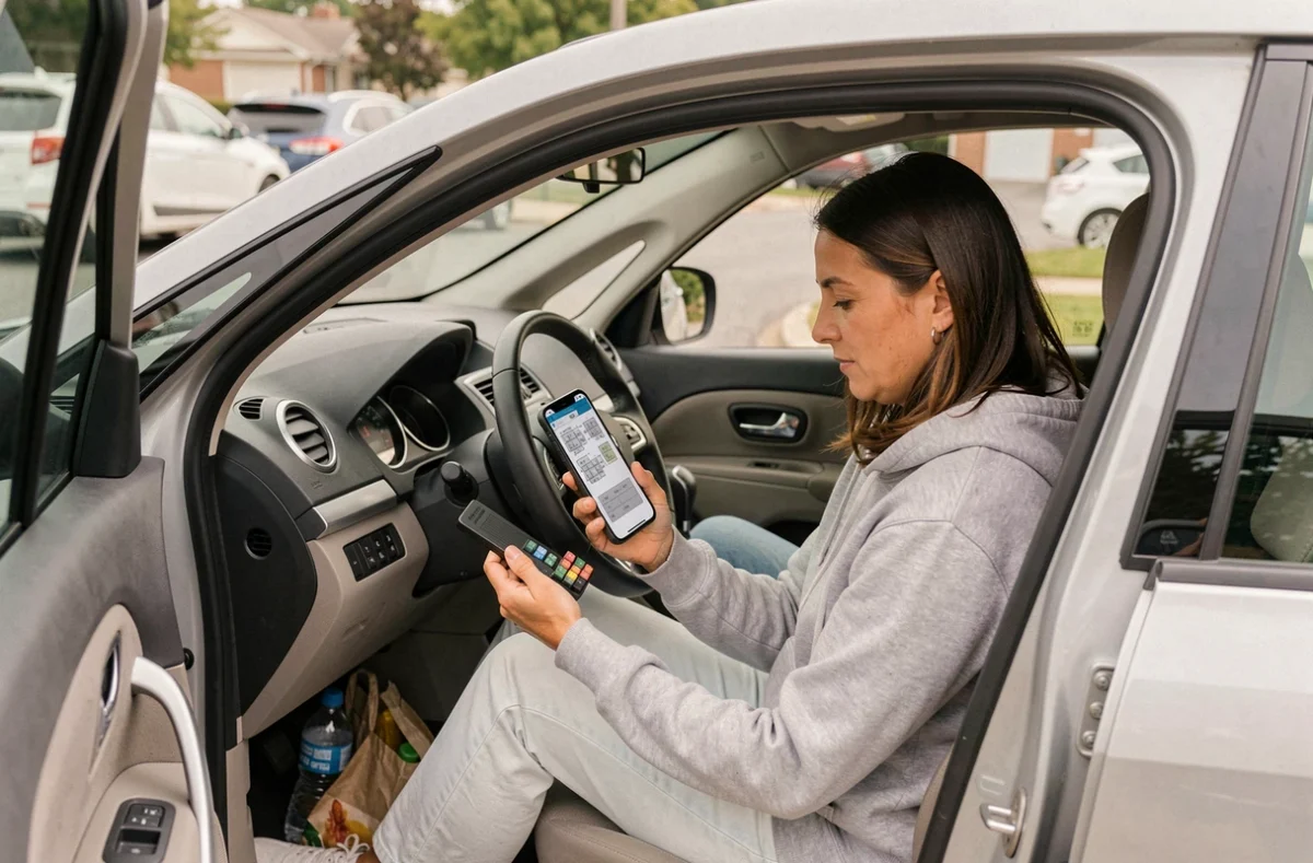Femme consultant un schéma fusible numérique dans un Renault Scenic 2 garé en zone résidentielle