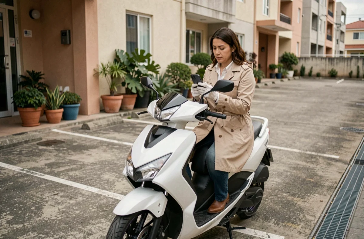 Femme consultatnt son smartphone assise sur un scooter Yamaha Xmax 125 blanc dans un parking résidentiel