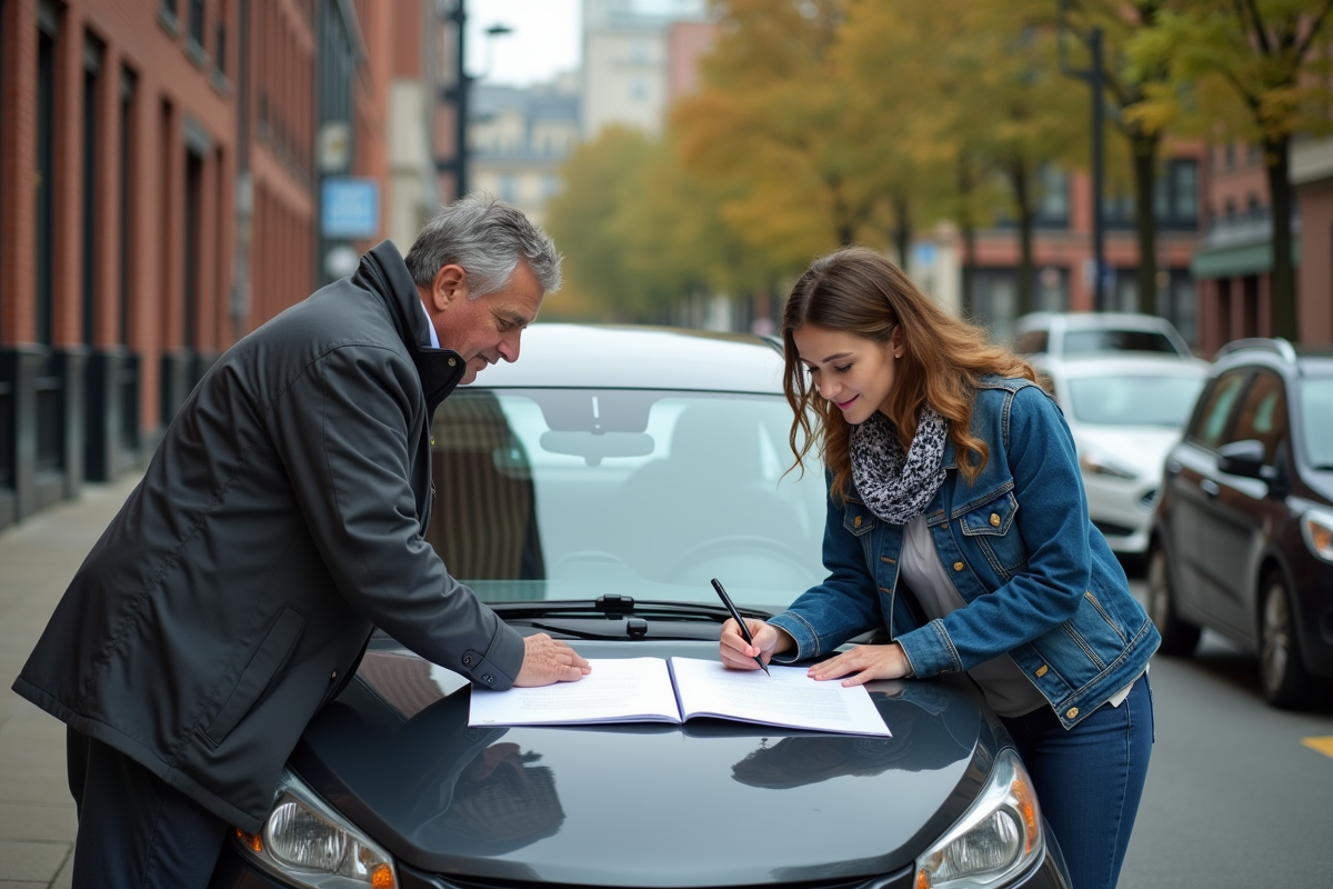 Femme signant un document sur la voiture dans la rue urbaine
