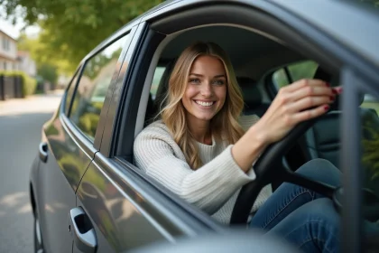 Jeune femme souriante dans une voiture en milieu urbain