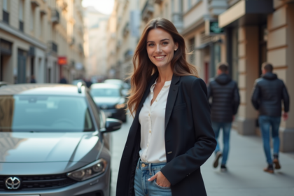 Femme souriante avec voiture moderne en ville