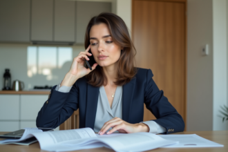Femme d affaires au téléphone à la maison