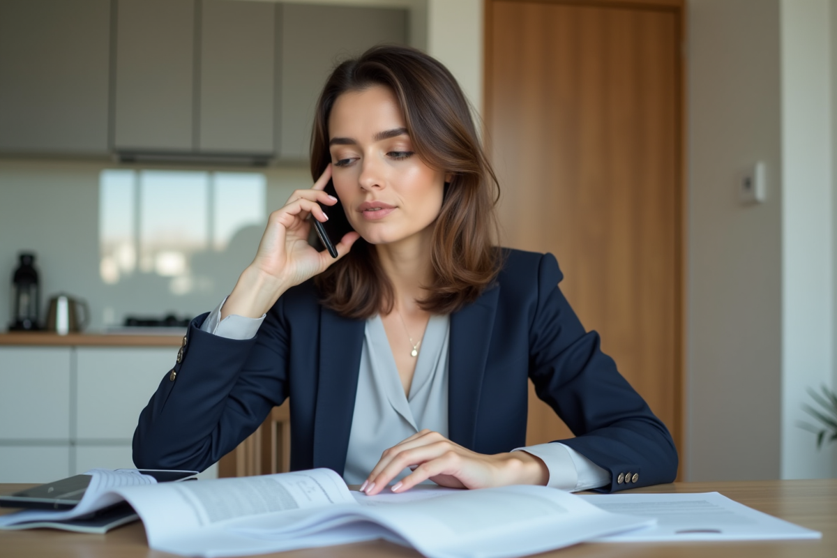 Femme d affaires au téléphone à la maison