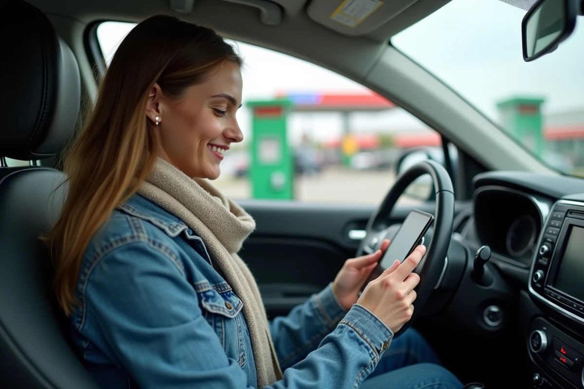 Jeune femme dans sa voiture vérifiant le prix du carburant