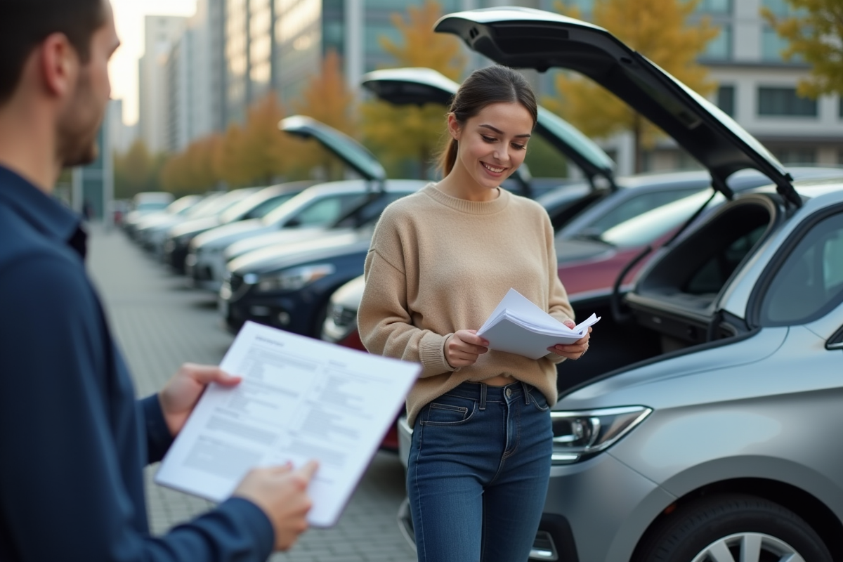 Jeune femme vérifiant des documents dans une voiture en ville