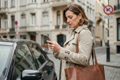 Femme consultant son smartphone près d'une voiture garée sur les pavés de Bruxelles, vignette automobile en arrière-plan