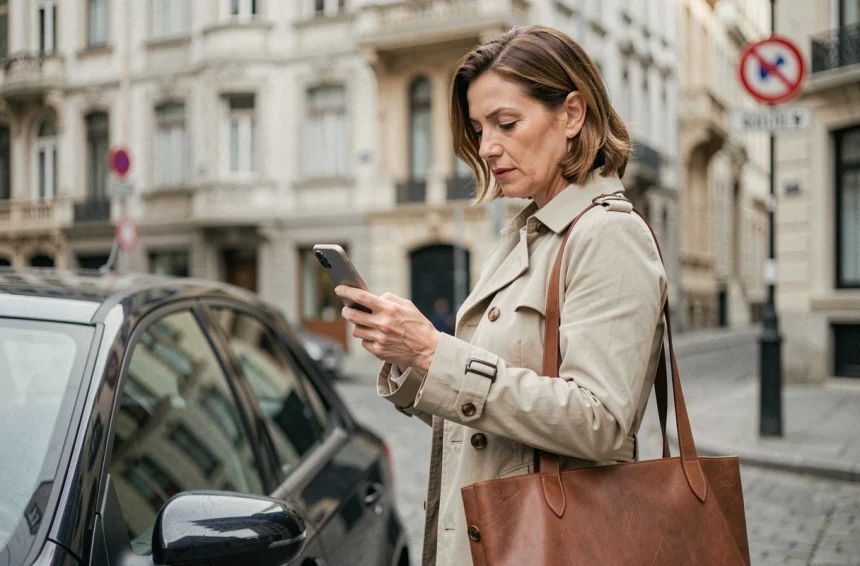 Femme consultant son smartphone près d'une voiture garée sur les pavés de Bruxelles, vignette automobile en arrière-plan