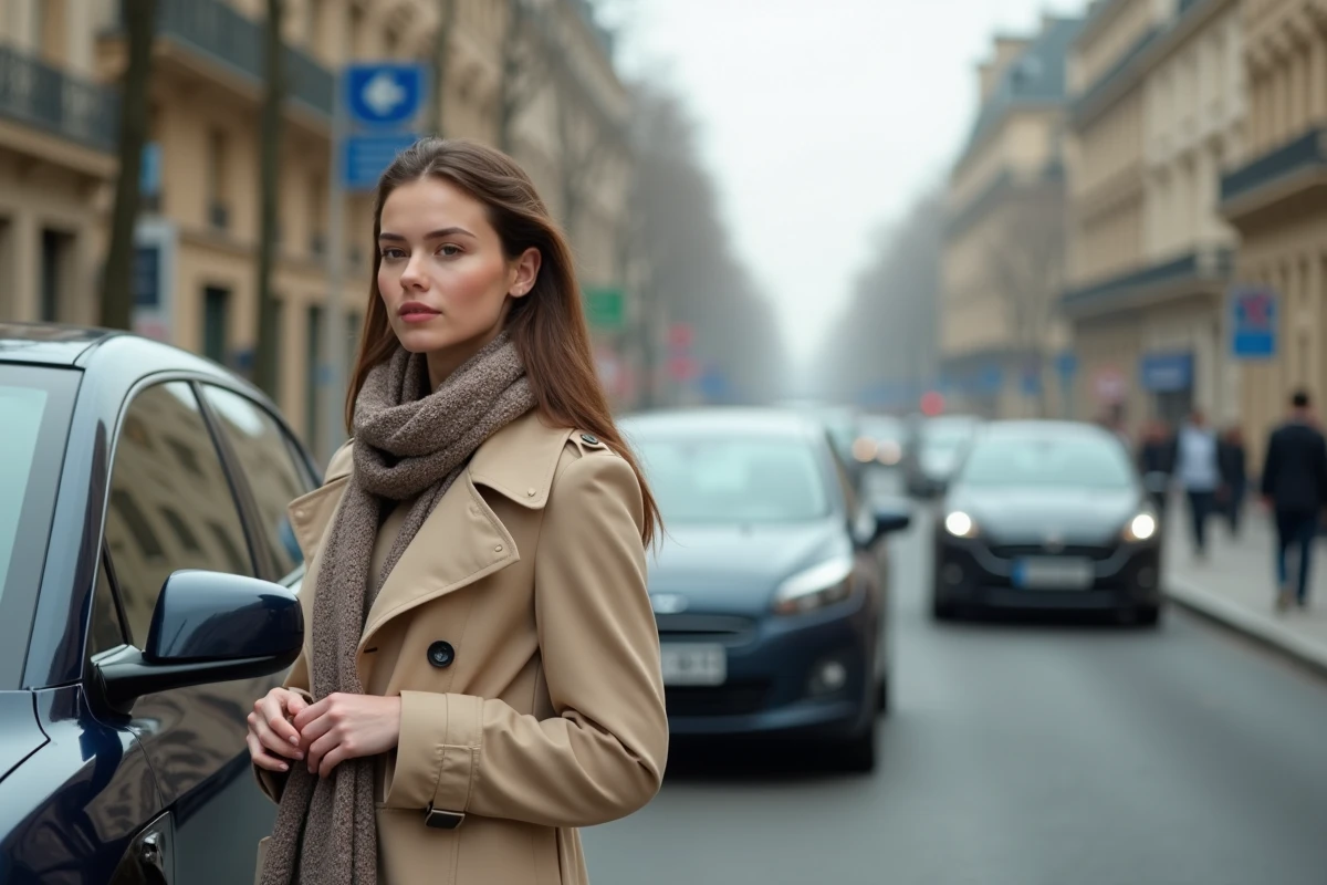 Jeune femme en trench devant une voiture électrique à Paris