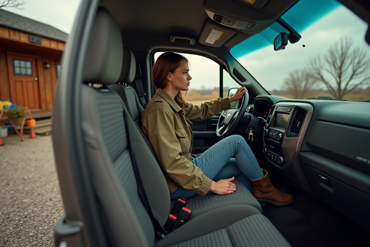 Femme dans la cabine d’un pickup 2026 près d’une ferme moderne