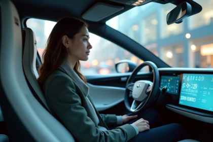 Jeune femme dans une voiture autonome futuriste