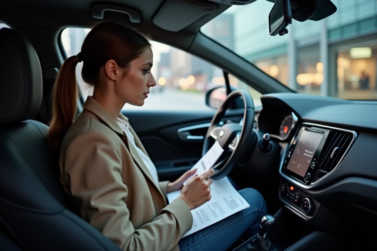 Jeune femme consulte un manuel dans une voiture moderne