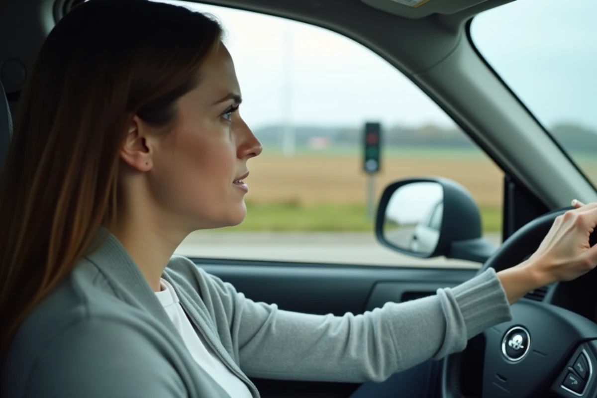 Femme conduisant près d un radar sur une route rurale