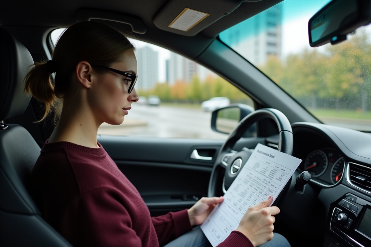 Jeune femme lisant un bilan médical dans sa voiture sous la pluie