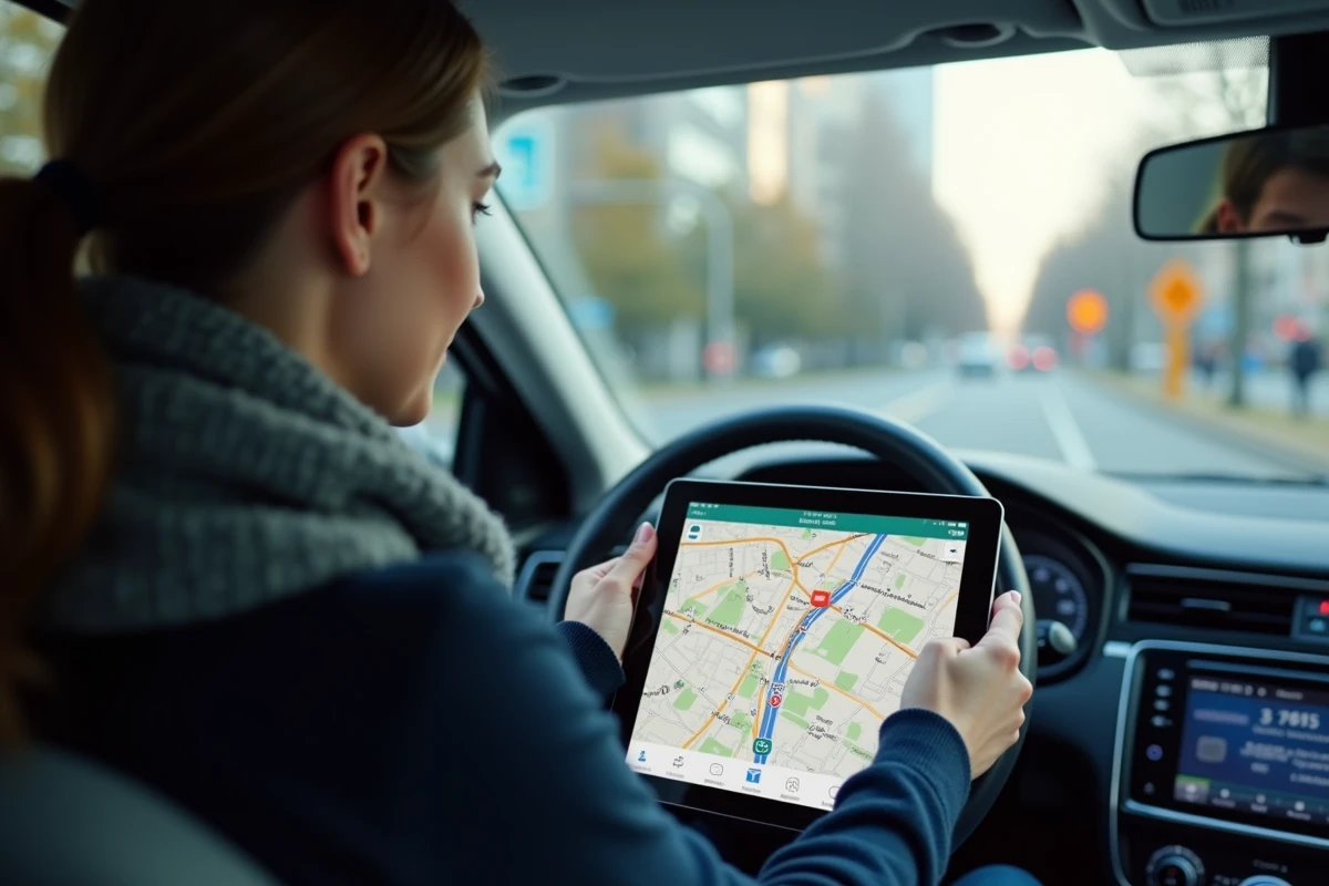 Jeune femme utilisant une tablette avec une carte de France dans une voiture