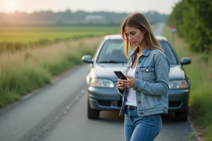 Femme regardant son smartphone à côté de sa voiture en campagne