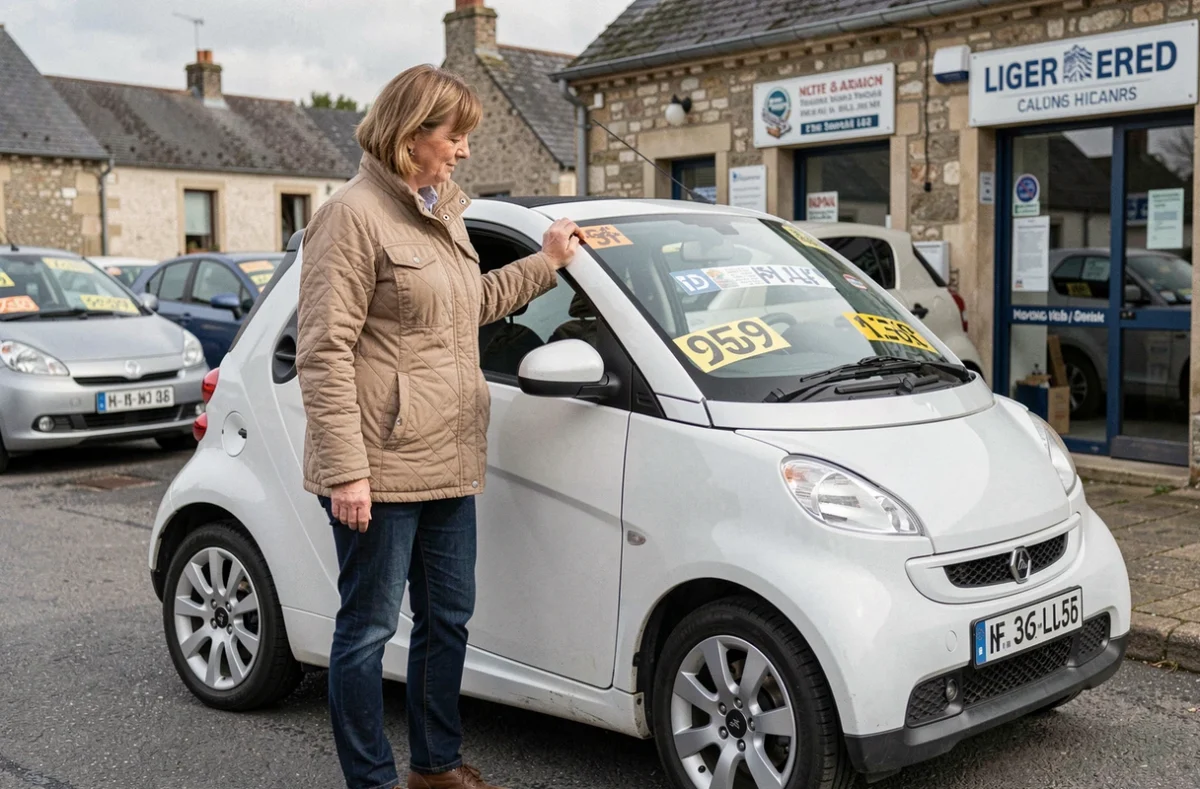 Femme examinant une voiture sans permis d'occasion chez un concessionnaire dans la Manche