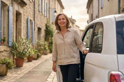 Femme d'âge mûr sortant d'une voiture sans permis dans une rue pavée d'un village français
