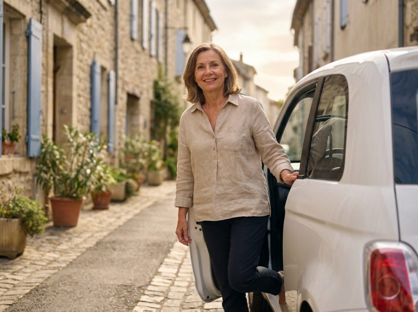 Femme d'âge mûr sortant d'une voiture sans permis dans une rue pavée d'un village français
