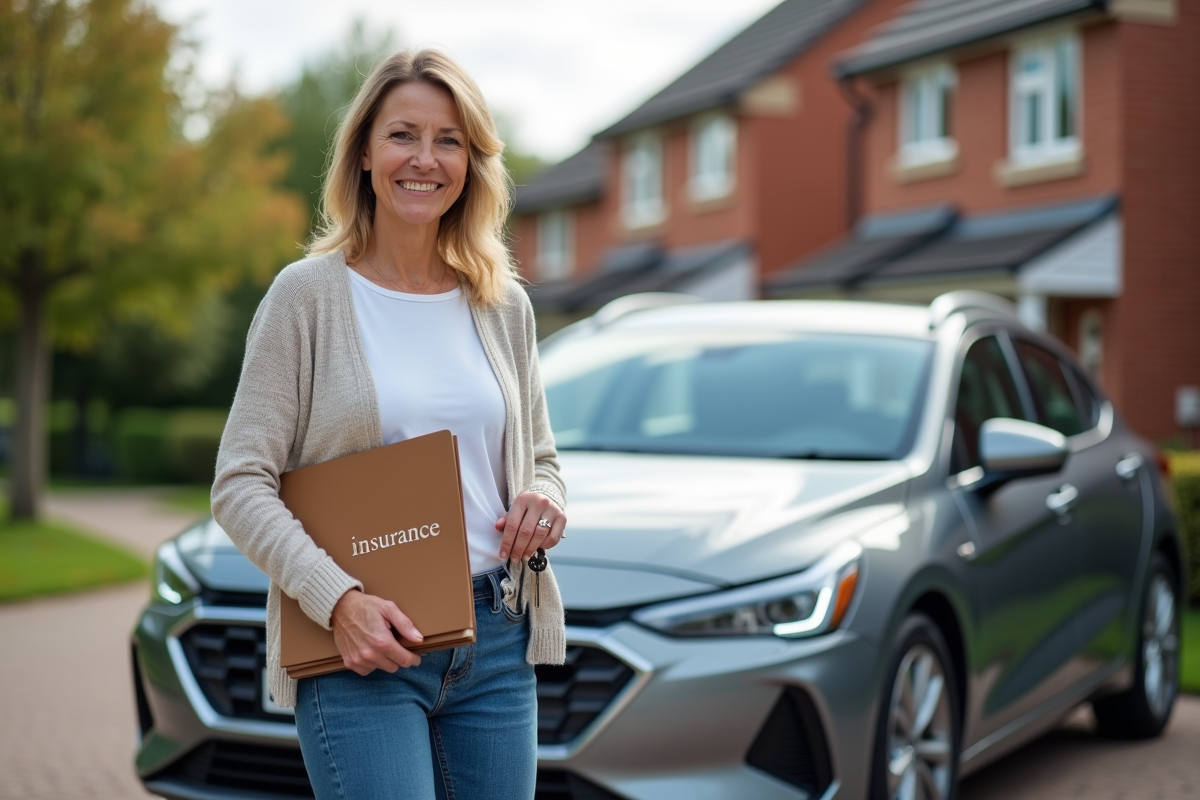 Femme souriante avec une voiture dans une rue résidentielle