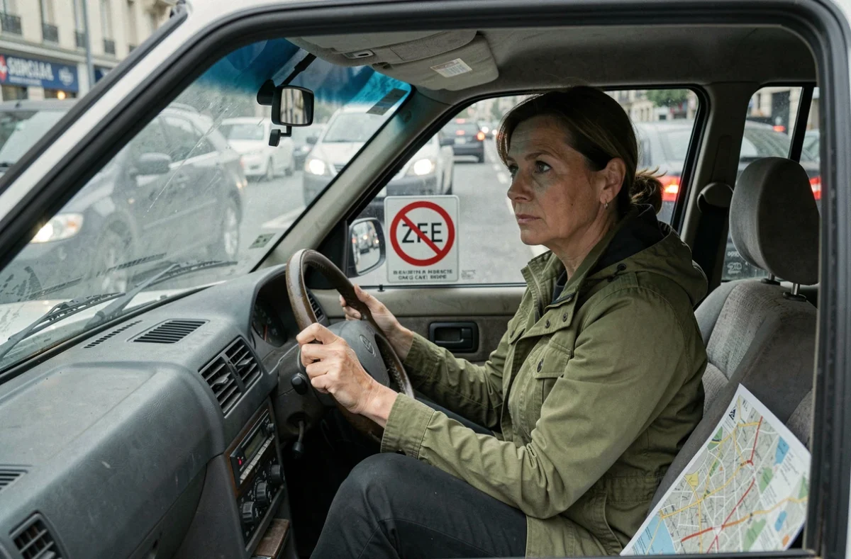 Femme au volant d'un vieux diesel en ville face à un panneau de zone à faibles émissions, regard pensif sur les restrictions ZFE