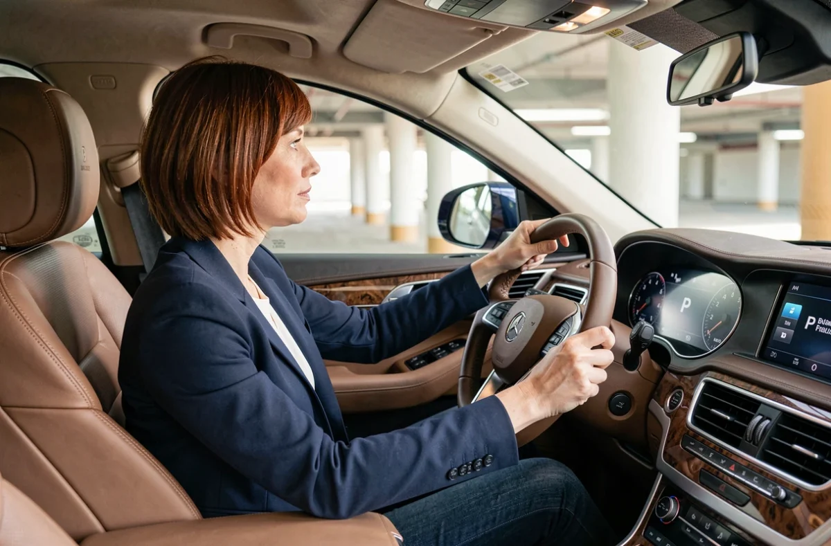 Femme au volant d'un SUV premium de marque P, intérieur cuir et tableau de bord numérique, ambiance réaliste