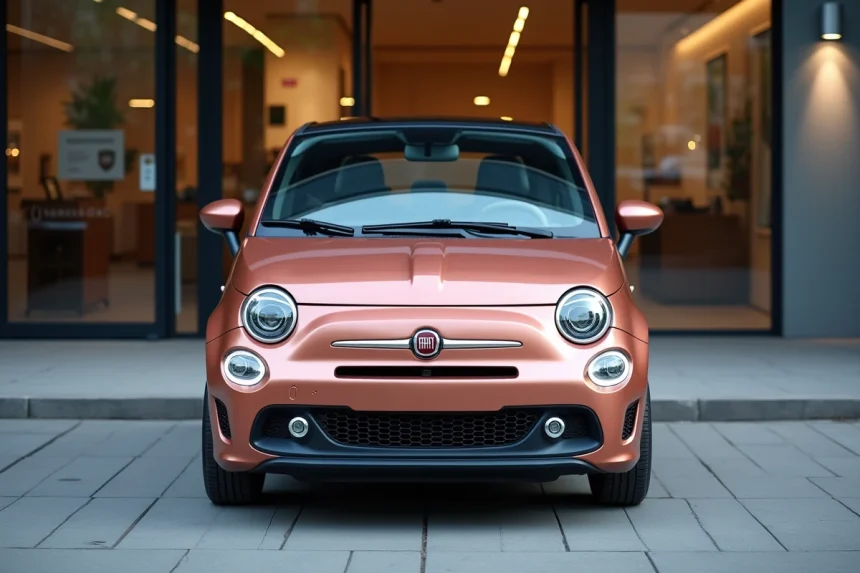 Fiat 500 rose gold garée devant une concession automobile moderne en milieu urbain
