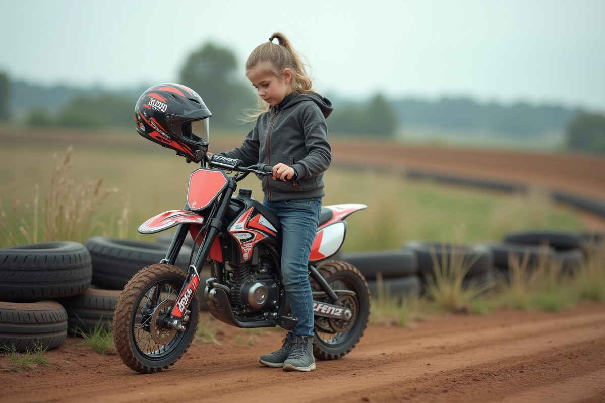 Fille de 10 ans ajustant son casque à côté de sa moto électrique