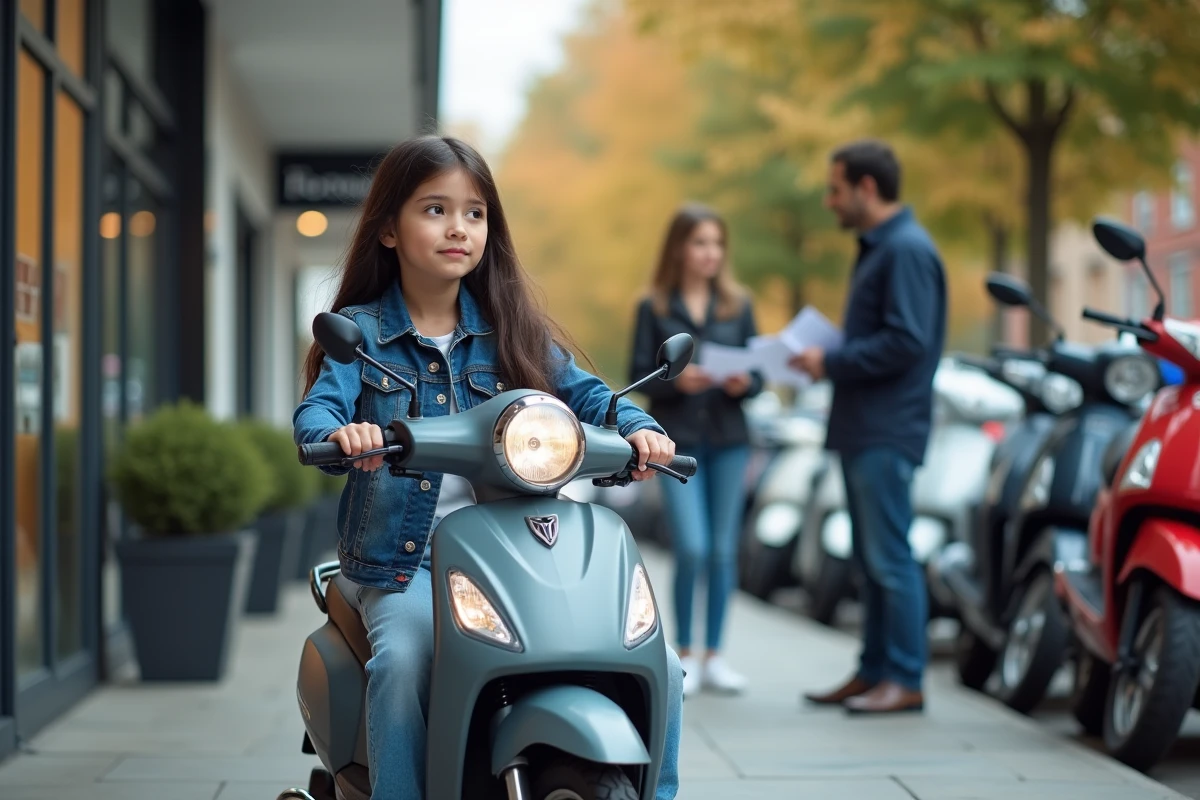 Fille de 14 ans assise avec scooter devant un magasin