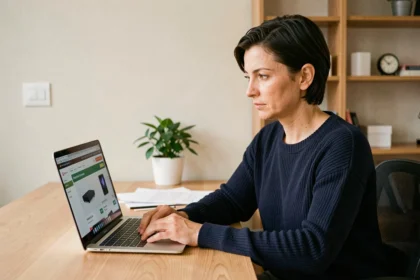 Femme consultant les offres de financement voiture sans permis sur le site Fnac depuis un bureau à domicile