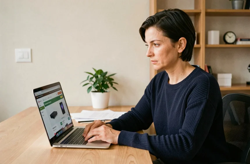 Femme consultant les offres de financement voiture sans permis sur le site Fnac depuis un bureau à domicile
