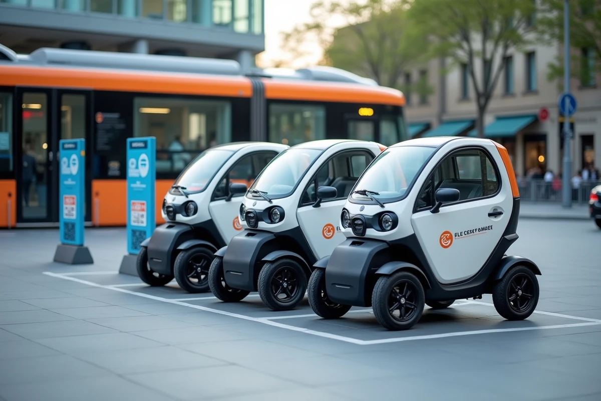 Flotte de voitures sans permis électriques garées dans une station d'autopartage sur une place urbaine moderne en France