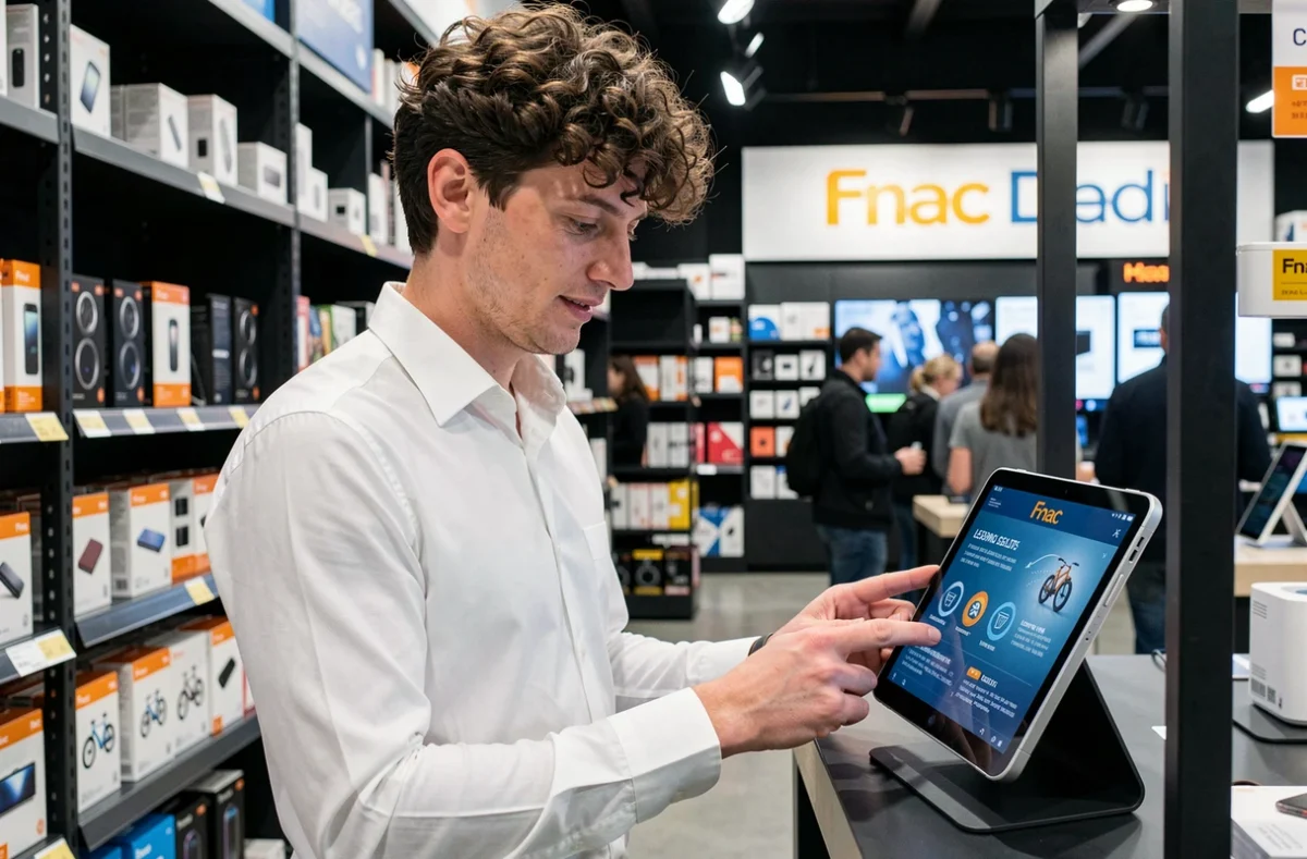 Jeune homme examinant les options de financement voiture sans permis sur un présentoir dans un magasin Fnac